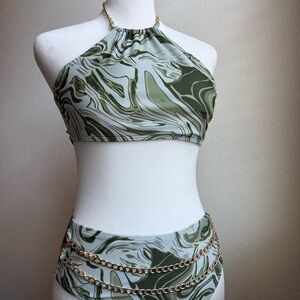 Olive Marble Halter Bikini Set with Gold Chain Accents